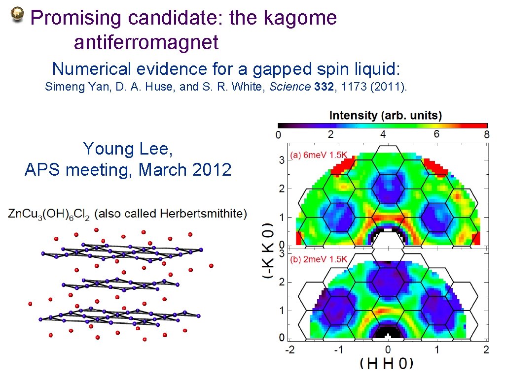 Promising candidate: the kagome antiferromagnet Numerical evidence for a gapped spin liquid: Simeng Yan,