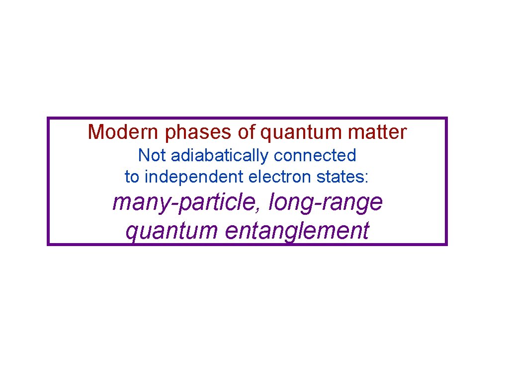 Modern phases of quantum matter Not adiabatically connected to independent electron states: many-particle, long-range