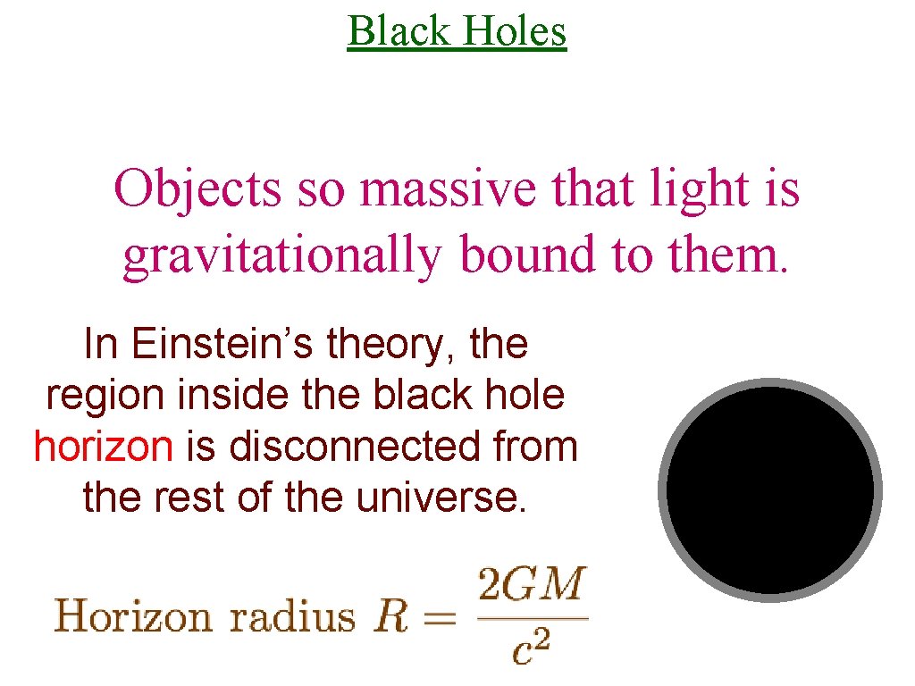 Black Holes Objects so massive that light is gravitationally bound to them. In Einstein’s