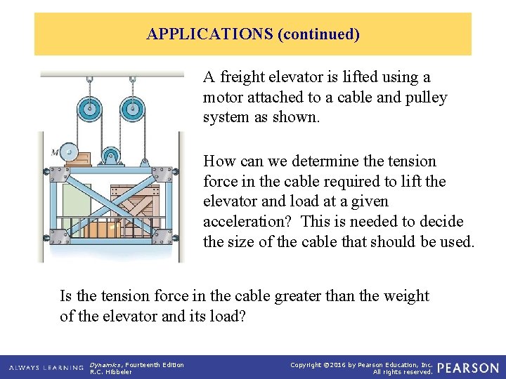 APPLICATIONS (continued) A freight elevator is lifted using a motor attached to a cable