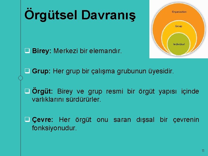 Örgütsel Davranış q Birey: Merkezi bir elemandır. q Grup: Her grup bir çalışma grubunun