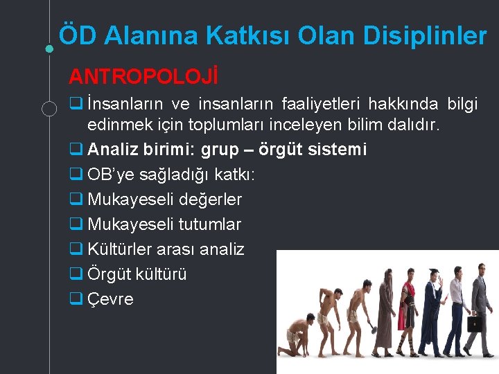 ÖD Alanına Katkısı Olan Disiplinler ANTROPOLOJİ q İnsanların ve insanların faaliyetleri hakkında bilgi edinmek