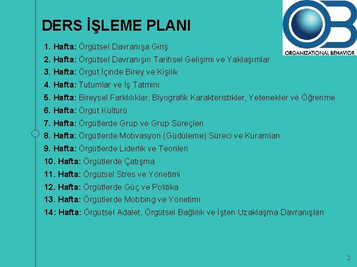 DERS İŞLEME PLANI 1. Hafta: Örgütsel Davranışa Giriş 2. Hafta: Örgütsel Davranışın Tarihsel Gelişimi