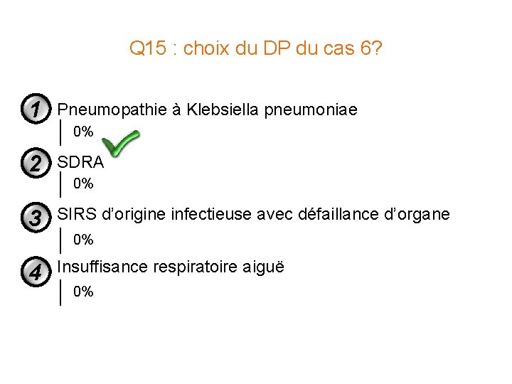 Q 15 : choix du DP du cas 6? 1 Pneumopathie à Klebsiella pneumoniae Q 15 : choix du DP du cas 6? 1 Pneumopathie à Klebsiella pneumoniae