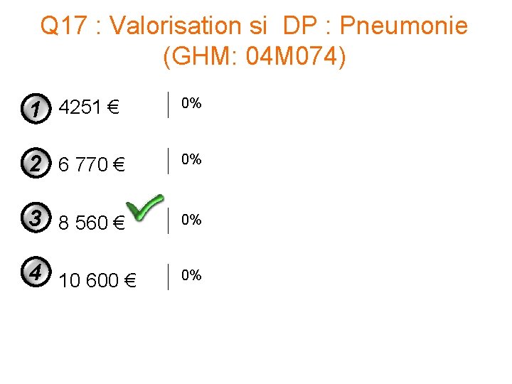 Q 17 : Valorisation si DP : Pneumonie (GHM: 04 M 074) 1 4251 Q 17 : Valorisation si DP : Pneumonie (GHM: 04 M 074) 1 4251