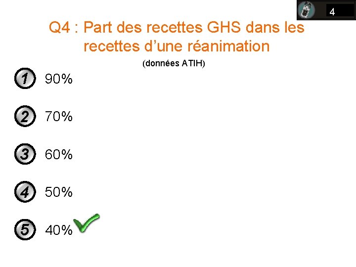 4 Q 4 : Part des recettes GHS dans les recettes d’une réanimation (données 4 Q 4 : Part des recettes GHS dans les recettes d’une réanimation (données