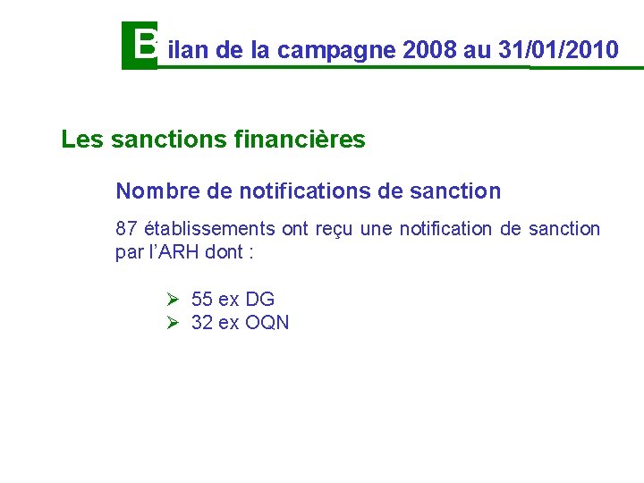 B ilan de la campagne 2008 au 31/01/2010 Les sanctions financières Nombre de notifications B ilan de la campagne 2008 au 31/01/2010 Les sanctions financières Nombre de notifications