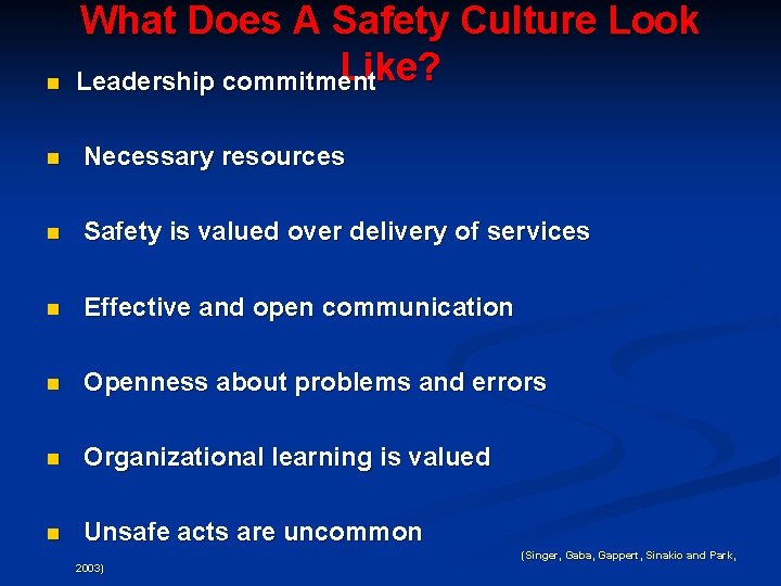 n What Does A Safety Culture Look Like? Leadership commitment n Necessary resources n