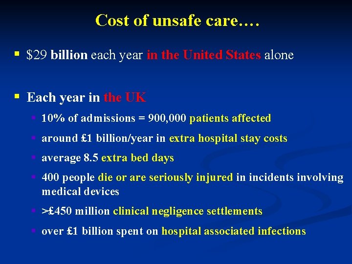 Cost of unsafe care…. § $29 billion each year in the United States alone