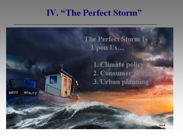  IV. “The Perfect Storm” The Perfect Storm Is Upon Us… 1. Climate policy