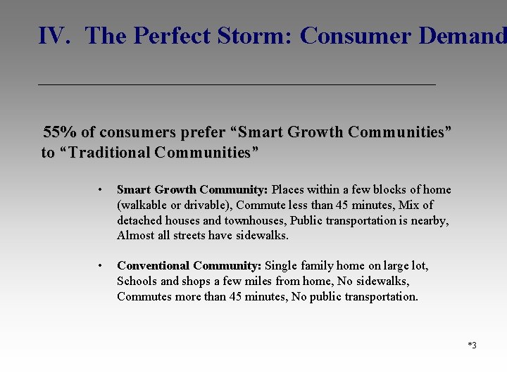  IV. The Perfect Storm: Consumer Demand 55% of consumers prefer “Smart Growth Communities”