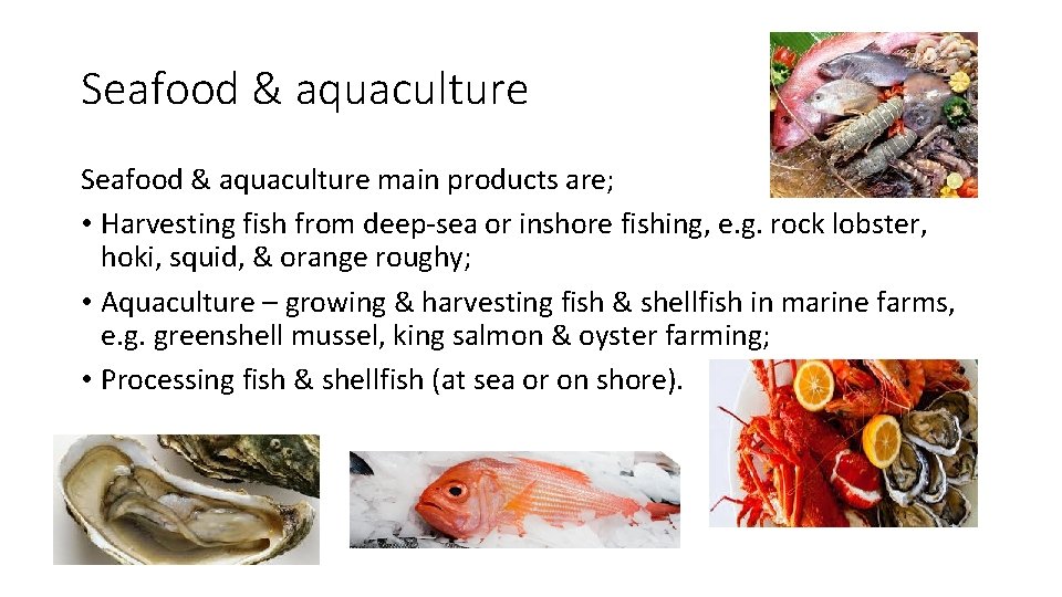 Seafood & aquaculture main products are; • Harvesting fish from deep-sea or inshore fishing,