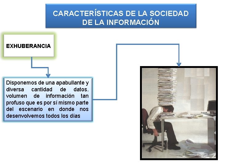 CARACTERÍSTICAS DE LA SOCIEDAD DE LA INFORMACIÓN EXHUBERANCIA Disponemos de una apabullante y diversa CARACTERÍSTICAS DE LA SOCIEDAD DE LA INFORMACIÓN EXHUBERANCIA Disponemos de una apabullante y diversa