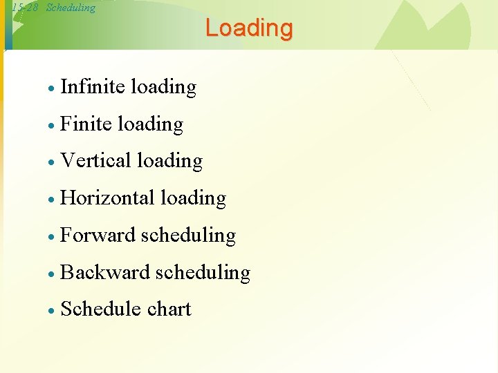15 -28 Scheduling Loading · Infinite loading · Finite loading · Vertical loading ·