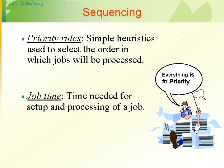 15 -30 Scheduling · Sequencing Priority rules: Simple heuristics used to select the order