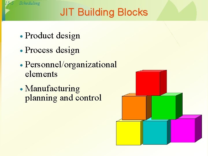 15 -5 Scheduling JIT Building Blocks · Product design · Process design · Personnel/organizational