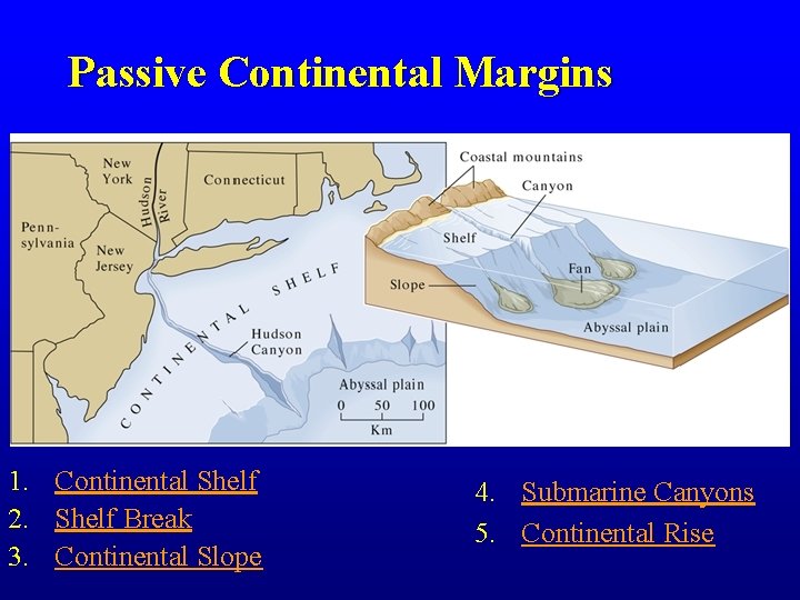 Passive Continental Margins 1. Continental Shelf 2. Shelf Break 3. Continental Slope 4. Submarine Passive Continental Margins 1. Continental Shelf 2. Shelf Break 3. Continental Slope 4. Submarine