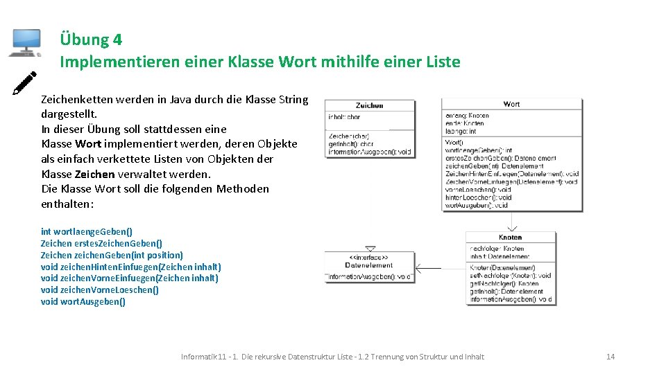 Übung 4 Implementieren einer Klasse Wort mithilfe einer Liste Zeichenketten werden in Java durch