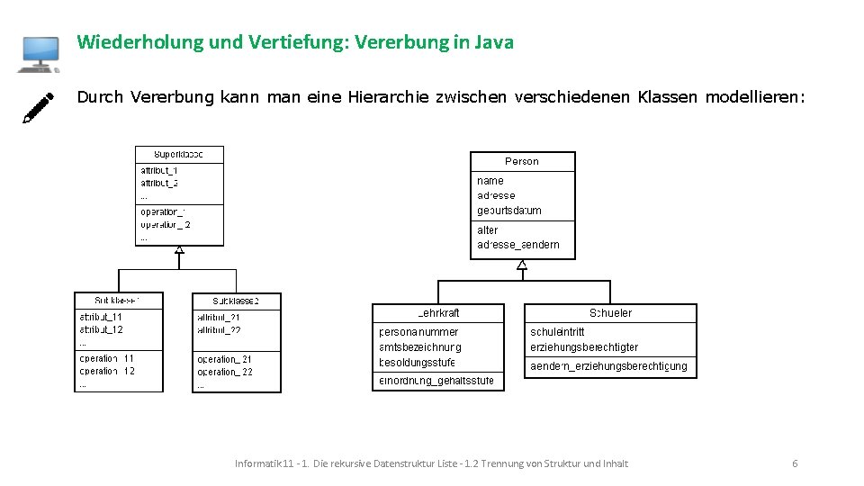 Wiederholung und Vertiefung: Vererbung in Java Durch Vererbung kann man eine Hierarchie zwischen verschiedenen