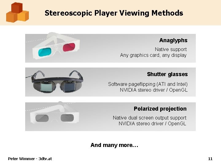 Stereoscopic Player Viewing Methods Anaglyphs Native support Any graphics card, any display Shutter glasses