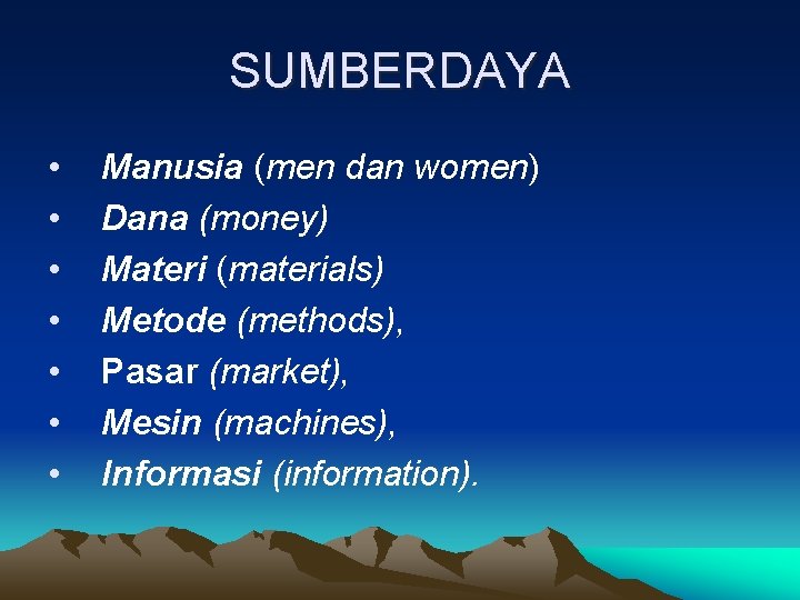 SUMBERDAYA • • Manusia (men dan women) Dana (money) Materi (materials) Metode (methods), Pasar