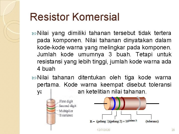 Resistor Komersial Nilai yang dimiliki tahanan tersebut tidak tertera pada komponen. Nilai tahanan dinyatakan