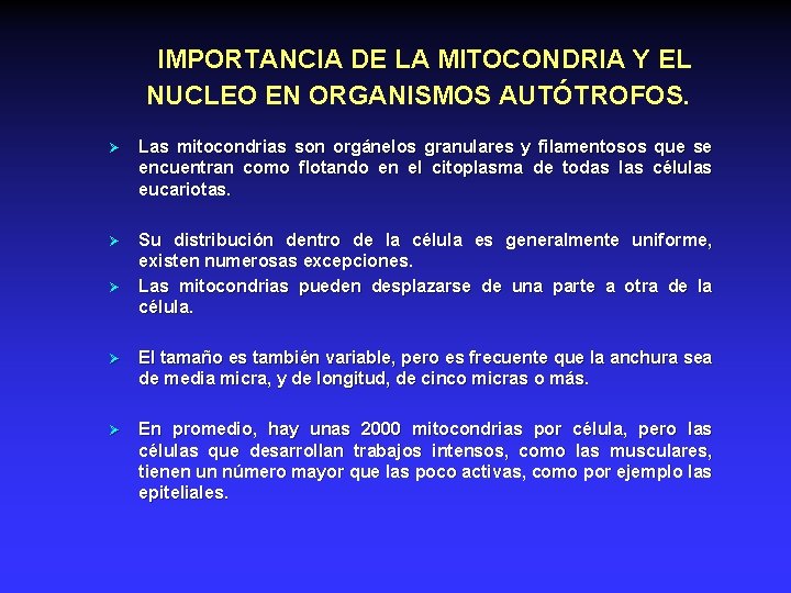 IMPORTANCIA DE LA MITOCONDRIA Y EL NUCLEO EN ORGANISMOS AUTÓTROFOS. Ø Las mitocondrias son