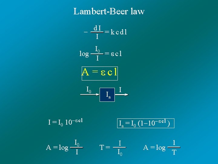 Lambert-Beer law d I = k c d l I I 0 log =