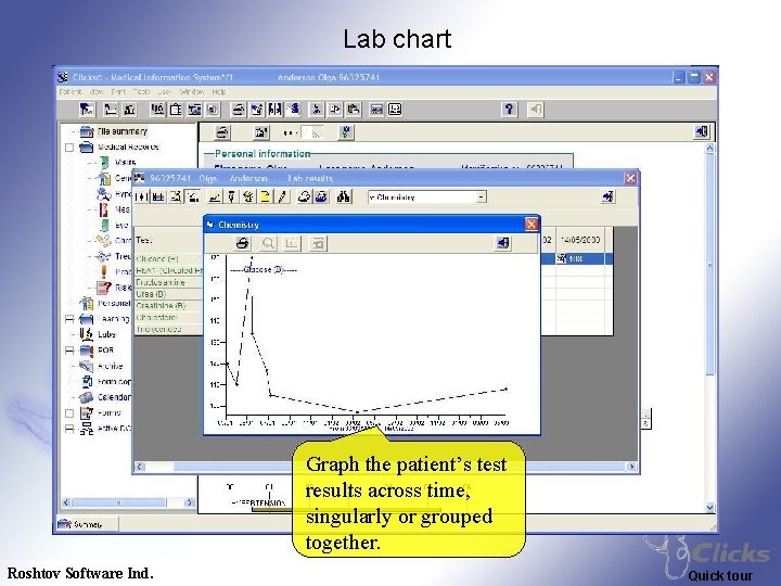 Lab chart Graph the patient’s test results across time, singularly or grouped together. Roshtov