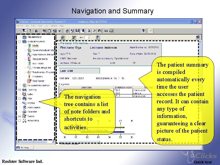 Navigation and Summary The navigation tree contains a list of note folders and shortcuts