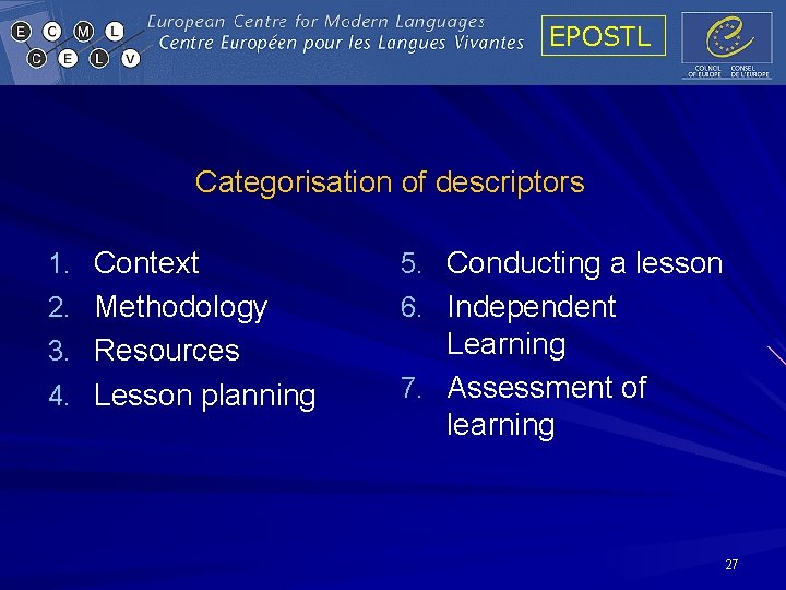 EPOSTL Categorisation of descriptors 1. Context 5. Conducting a lesson 2. Methodology 6. Independent