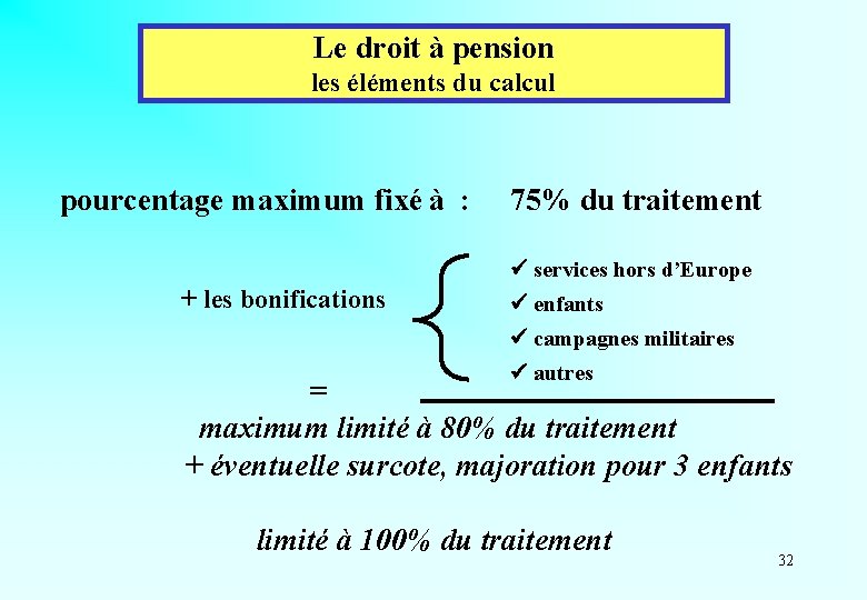 Le droit à pension les éléments du calcul pourcentage maximum fixé à : 75%