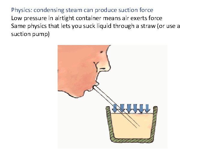 Physics: condensing steam can produce suction force Low pressure in airtight container means air