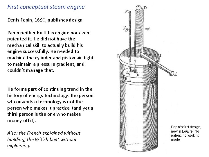 First conceptual steam engine Denis Papin, 1690, publishes design Papin neither built his engine