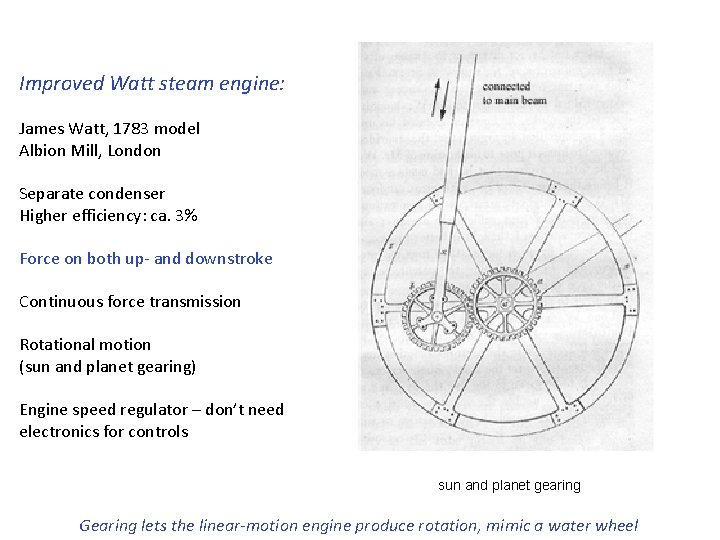 Improved Watt steam engine: James Watt, 1783 model Albion Mill, London Separate condenser Higher