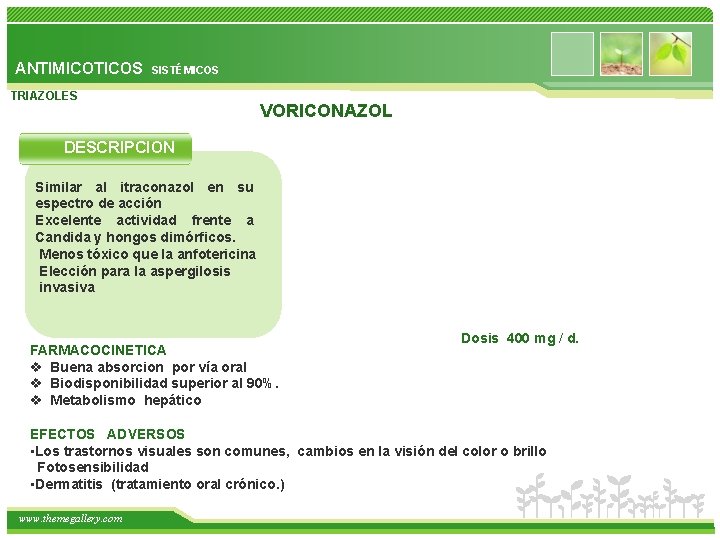 ANTIMICOTICOS SISTÉMICOS TRIAZOLES VORICONAZOL DESCRIPCION Similar al itraconazol en su espectro de acción Excelente