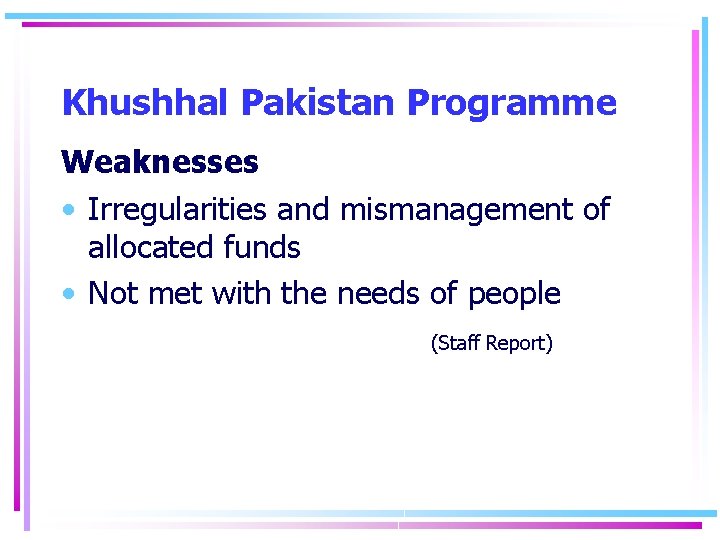 Khushhal Pakistan Programme Weaknesses • Irregularities and mismanagement of allocated funds • Not met