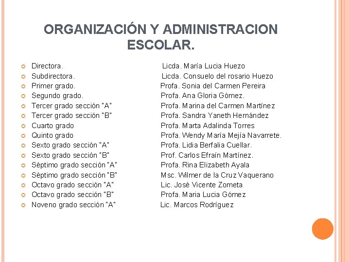 ORGANIZACIÓN Y ADMINISTRACION ESCOLAR. Directora. Licda. María Lucia Huezo Subdirectora. Licda. Consuelo del rosario