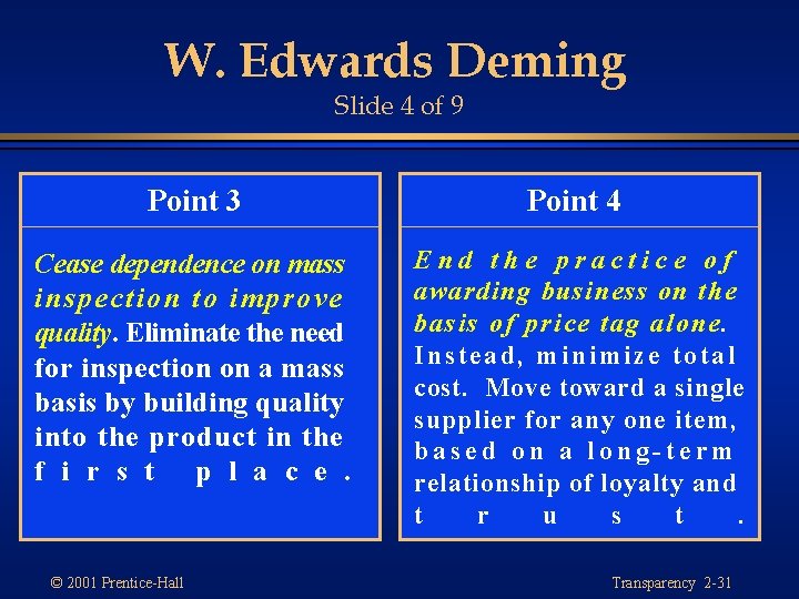 W. Edwards Deming Slide 4 of 9 Point 3 Point 4 Cease dependence on