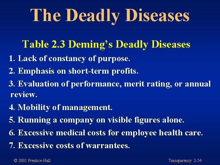 The Deadly Diseases Table 2. 3 Deming’s Deadly Diseases 1. Lack of constancy of