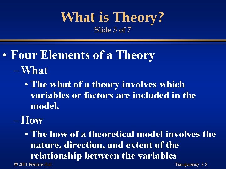 What is Theory? Slide 3 of 7 • Four Elements of a Theory –