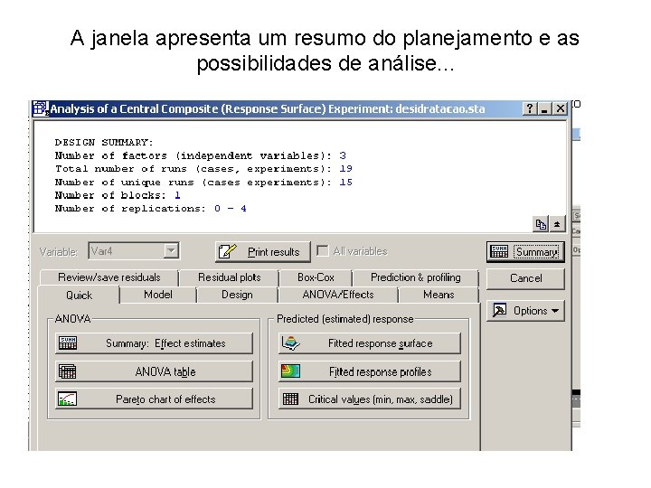 A janela apresenta um resumo do planejamento e as possibilidades de análise. . .