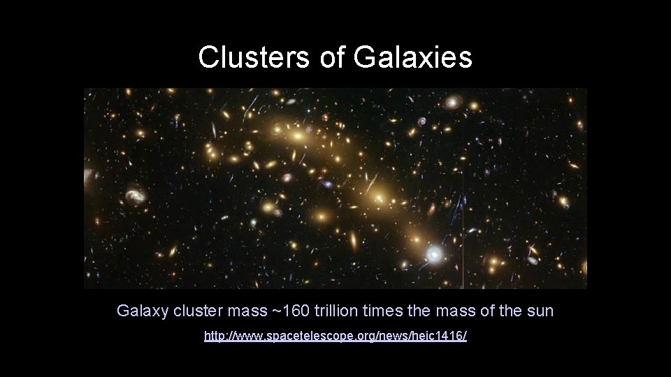Clusters of Galaxies Galaxy cluster mass ~160 trillion times the mass of the sun Clusters of Galaxies Galaxy cluster mass ~160 trillion times the mass of the sun