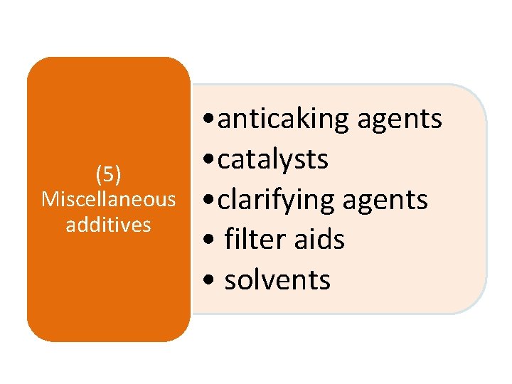 (5) Miscellaneous additives • anticaking agents • catalysts • clarifying agents • filter aids