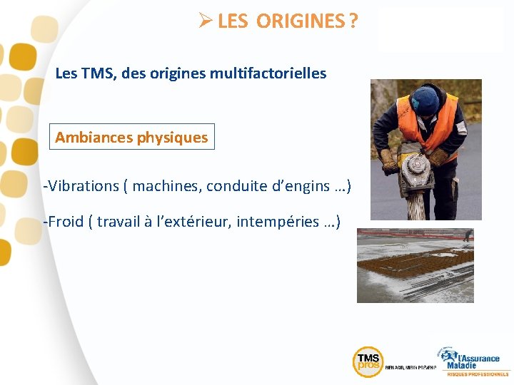 Ø LES ORIGINES ? Les TMS, des origines multifactorielles Ambiances physiques -Vibrations ( machines,