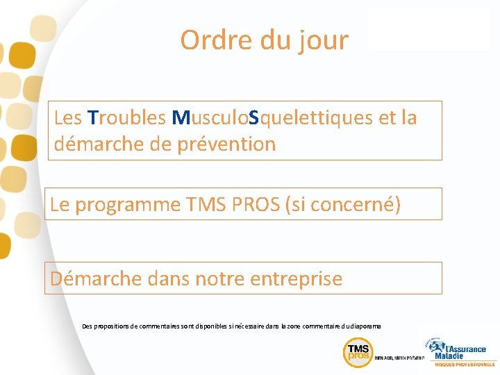 Sommaire Ordre du jour Les Troubles Musculo. Squelettiques et la démarche de prévention Le