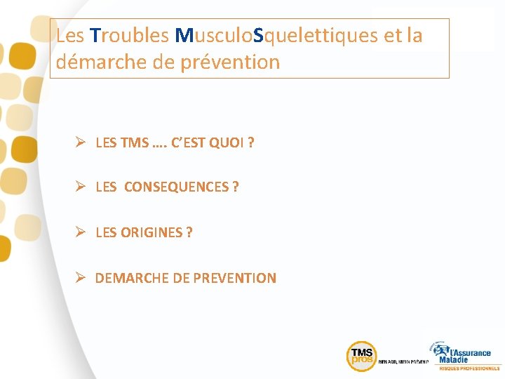 Les Troubles Musculo. Squelettiques et la démarche de prévention Ø LES TMS …. C’EST
