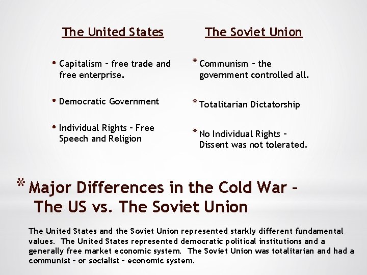 The United States The Soviet Union • Capitalism – free trade and * Communism