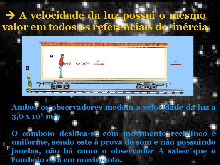 A velocidade da luz possui o mesmo valor em todos os referenciais de A velocidade da luz possui o mesmo valor em todos os referenciais de
