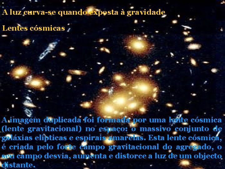 A luz curva-se quando exposta à gravidade Lentes cósmicas A imagem duplicada foi formada A luz curva-se quando exposta à gravidade Lentes cósmicas A imagem duplicada foi formada